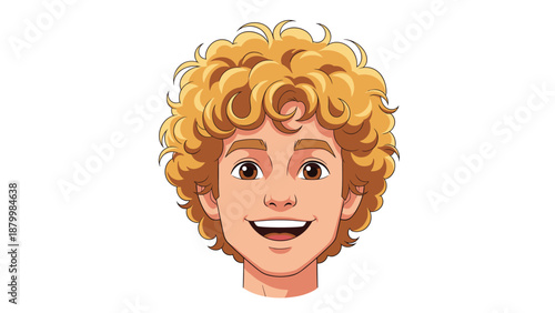 Cheerful face of a happy young boy with curly blonde hair and a wide, friendly smile in a cartoon vector illustration.