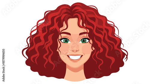 Beautiful smiling woman with vibrant curly red hair and green eyes looking happy and confident in a vector portrait.