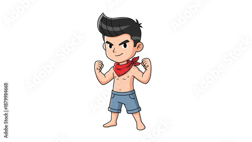 Cute and tough cartoon boy character with a red bandana and no shirt standing in a confident fighting pose for a game.