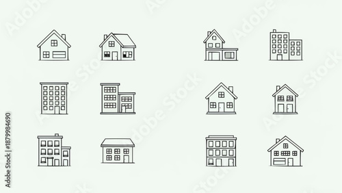 Collection of diverse building icons representing residential and commercial structures.