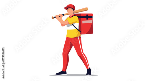Food delivery courier with a large insulated backpack walking while holding a baseball bat over his shoulder like a player.