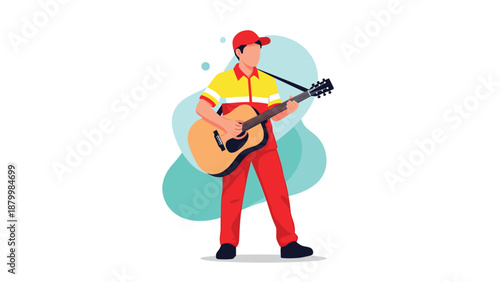 Young delivery service worker in a red and yellow uniform taking a break to stand and play an acoustic guitar happily.