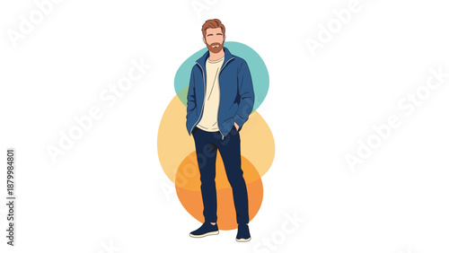 Full-length portrait of a stylish modern man with a beard, wearing a blue jacket and jeans, standing with hands in pockets.