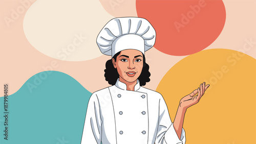Portrait of a smiling female chef in a professional uniform making a welcoming gesture against a colorful abstract background.