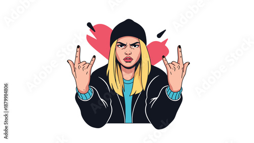 Cool and rebellious young woman wearing a beanie and making a rock and roll horns gesture with both hands in a pop style.
