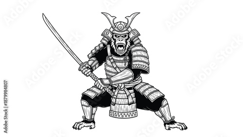 Powerful gorilla warrior in Japanese samurai armor wielding a katana sword in a dynamic attack pose in a sketch style.