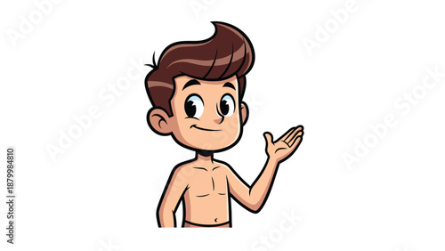 Friendly shirtless cartoon boy character smiling and gesturing with his hand to present or show something to the side.