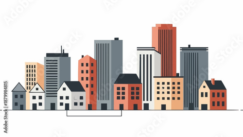 Modern Cityscape Skyline with Diverse Buildings and Houses.