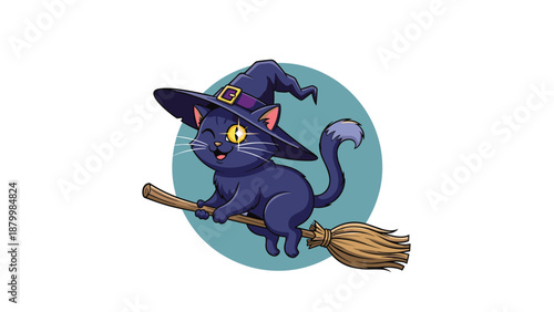 Cute black cat cartoon character wearing a witch's hat and flying on a magic broomstick for a fun Halloween illustration.