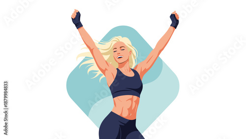 Fit and happy blonde woman in workout clothes celebrating her fitness goals with her arms raised in a triumphant pose.