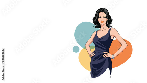 Elegant and confident woman with short black hair posing in a stylish dark blue evening dress with hands on her hips.