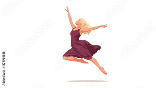 Graceful blonde woman in a flowing purple dress joyfully leaps in the air, captured in a dynamic and elegant dance pose.