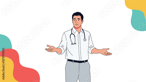 Friendly male doctor with a stethoscope around his neck gestures with open hands, shrugging with a welcoming and open expression.