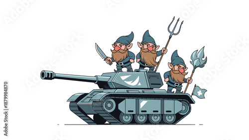 Three fierce garden gnomes armed with makeshift weapons ride into battle on top of a military tank in a humorous illustration.