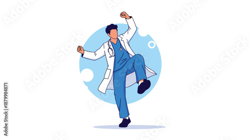 Happy and energetic male doctor in a white coat and scrubs celebrates a success by dancing with a triumphant and joyful pose.