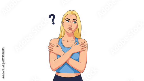 Confused blonde woman in a blue top hugs herself while pondering a question, looking up with a puzzled expression on her face.