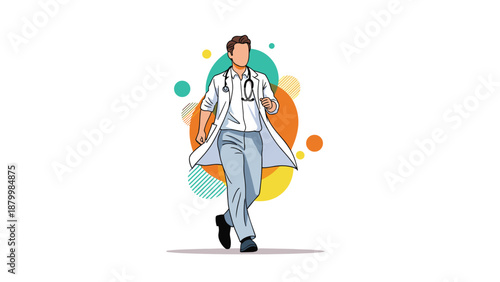 Confident male doctor in a white coat and scrubs walks forward with purpose against a background of colorful abstract circles.