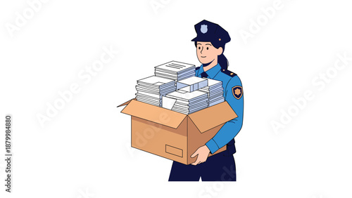 Female police officer in uniform carries a heavy cardboard box overflowing with paperwork, files, and bureaucratic documents.