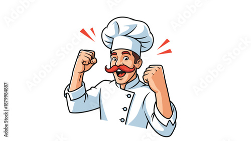 Excited cartoon chef with a red mustache and uniform celebrates a culinary success with a joyful and triumphant expression.