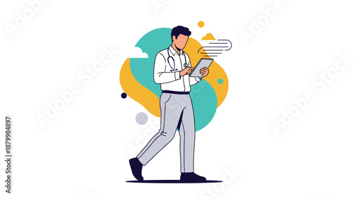 Modern male doctor in a white coat with a stethoscope walks while reviewing patient data on a digital tablet computer.