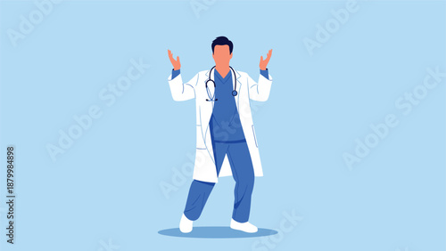 Male doctor in a white coat and scrubs stands with his hands raised in a gesture of confusion, uncertainty, or surrender.
