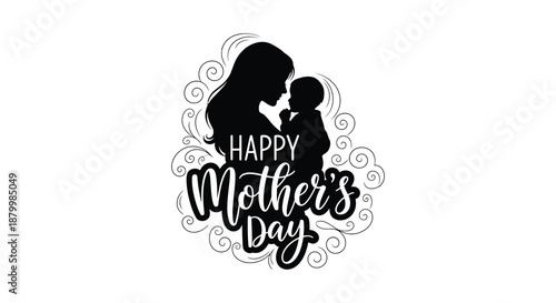 A heartwarming depiction of a mother lovingly cradling her baby decorated with floral swirls and a celebratory message silhouette high quality