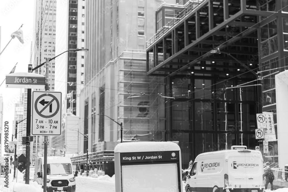 Obraz premium black and white view of King St W, near Jordan St in the financial district, Toronto