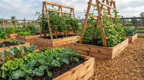 Vegetable garden with raised beds and trellises in sunny day  