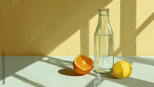 Still life bottle, lemon, orange, cast shadows, in warm light