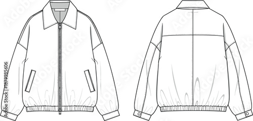 Technical flat fashion sketch of a unisex oversized bomber jacket with zip front, drop shoulders, elasticated hem, and welt pockets.