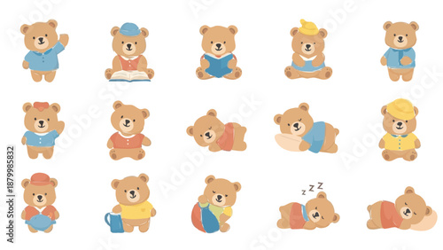 Cute cartoon teddy bear collection with various poses and outfits.