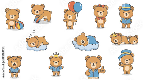 Cute cartoon teddy bear collection with various poses and accessories.