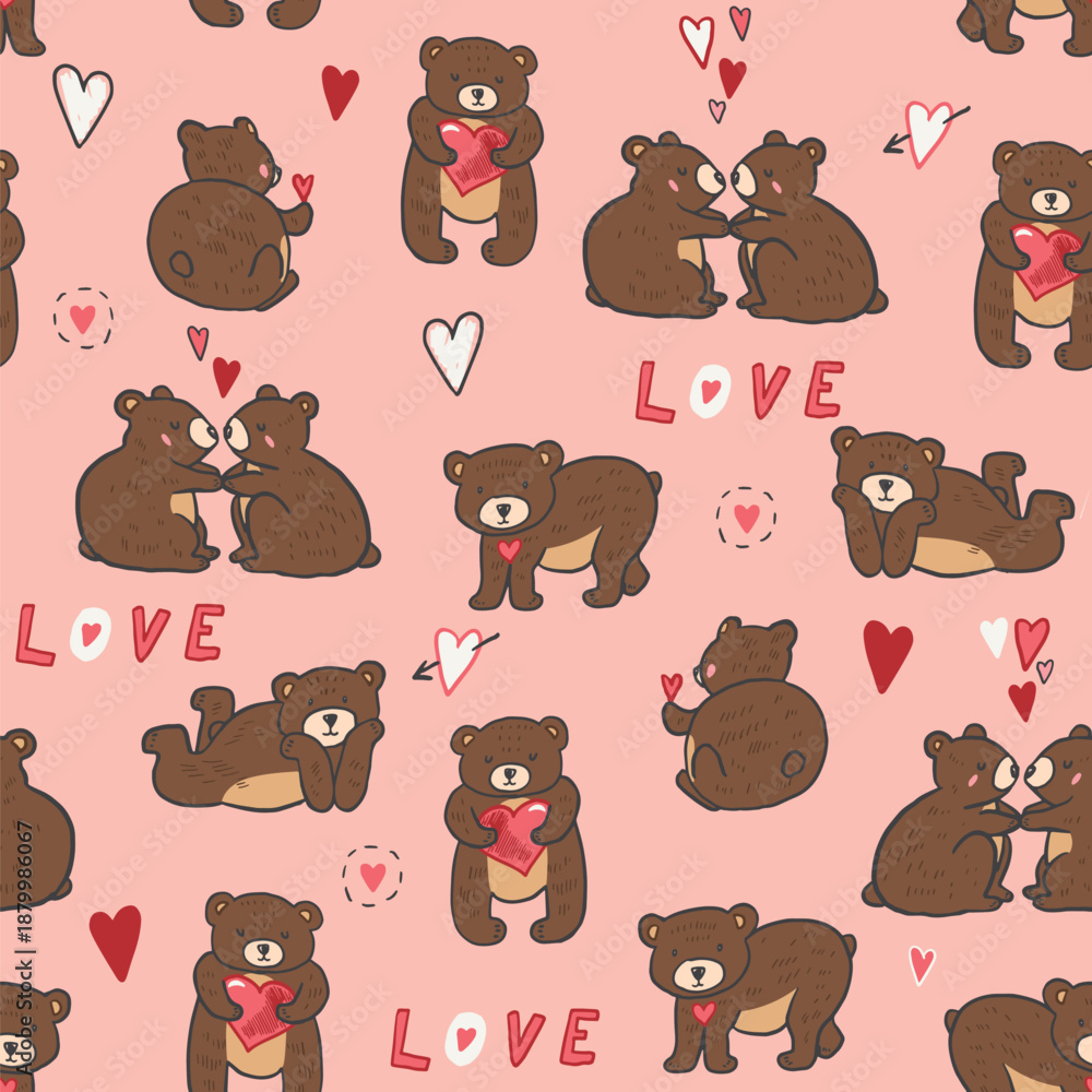 Fototapeta premium Teddy bear Valentine's day love vector seamless pattern.