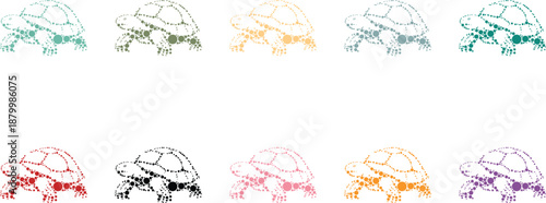 Collection of colorful dot art turtles on white background, Turtle mosaic silhouettes in vibrant circle style