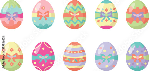 Colorful Decorated Easter Egg Illustration Set Featuring Pastel Patterns, Ribbons, Flowers, Stripes, Dots, and Festive Spring Holiday Designs