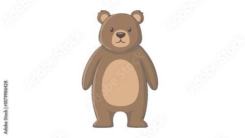 Cute cartoon brown bear standing on white background.