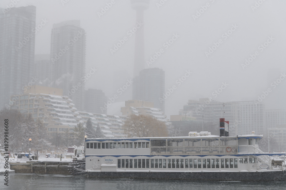 Fototapeta premium view over the Portland slip, looking east from Ireland Park to berthed boats and buildings during a snow storm on 2026-01-15 in Toronto