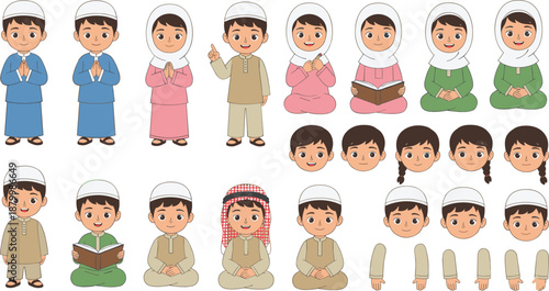 Cute Muslim Children Character Illustration Set Featuring Boys and Girls in Traditional Clothing, Reading, Praying, Sitting Poses, and Mix-and-Match Elements