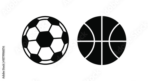 A simple depiction of a soccer ball and a basketball presented side by side in a black and white graphic silhouette