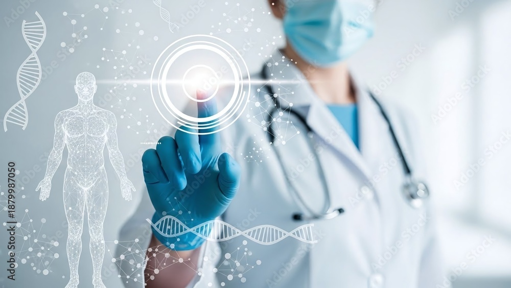 Fototapeta premium Medical professional in a mask and gloves touches a glowing digital interface surrounded by human anatomy and dna holograms.