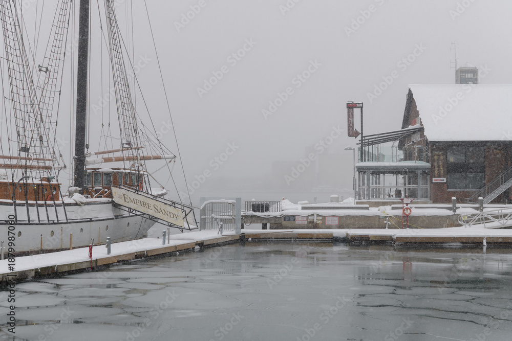 Fototapeta premium Empire Sandy tall ship in Toronto harbor during a snow storm on 2026-01-15 (Harbourfront Centre) - at right Amsterdam Brewhouse