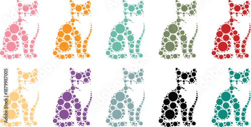 Colorful cat silhouettes made of circles, Cat animal dot art shapes with vibrant circles