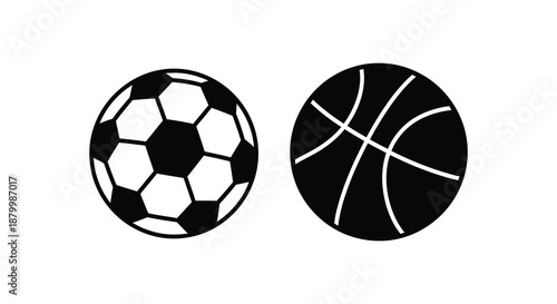 A striking visual depiction showcases a soccer ball and a basketball presented as bold black shapes against a white backdrop silhouette