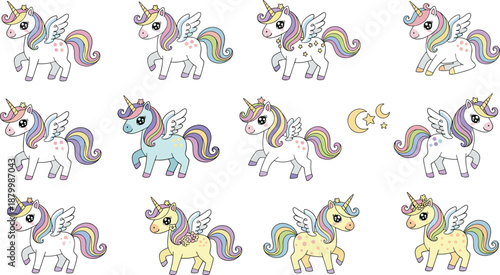 Magical Winged Unicorn Illustration Set Featuring Pastel Colors, Glitter Details, Cute Fantasy Ponies, Stars, Moons, and Enchanted Whimsical Elements
