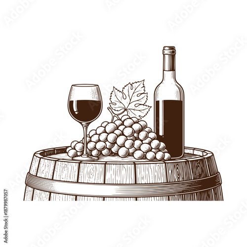 Wine barrel with grapes and glass