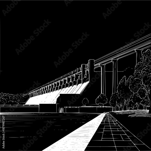 Monochromatic dam illustration with trees and a road leading to the structure at night time