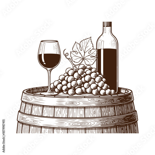 Wine glass bottle and grapes on wooden barrel