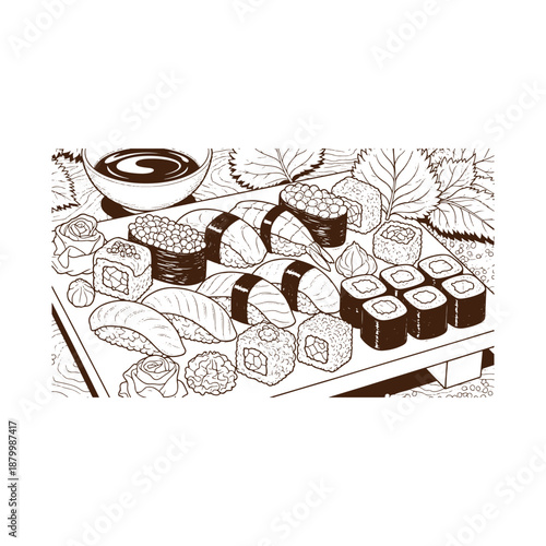 Sushi platter with soy sauce and garnishes