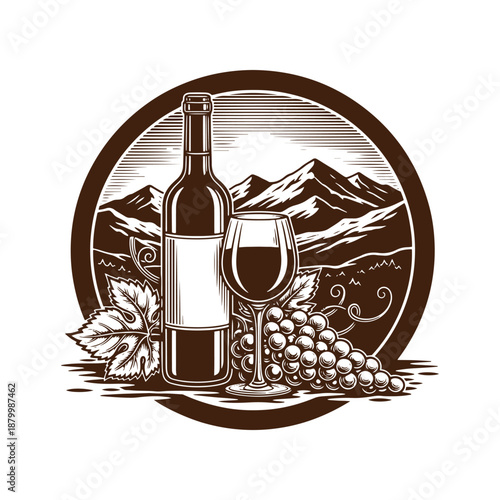 Wine bottle and glass with grapes in mountainous landscape