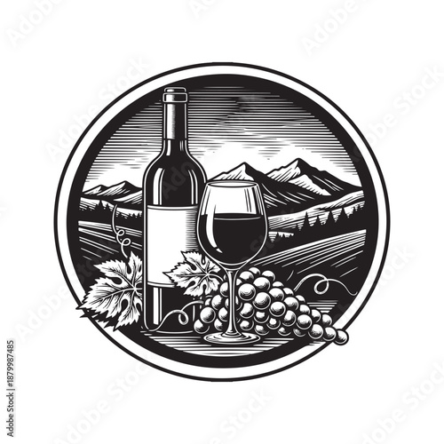 Wine bottle and glass with grapes in vineyard